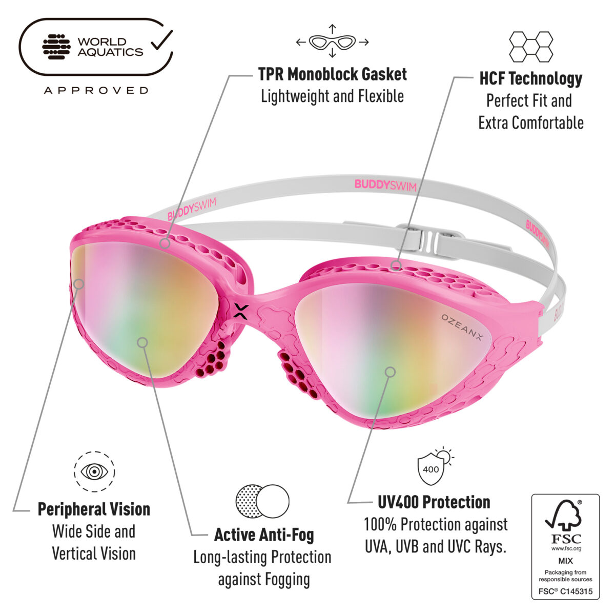Buddyswim Goggles OzeanX Pink-White/Iridium Mirror - Image 3