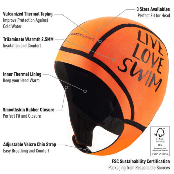 Open Water Swimming Neoprene Cap Buddyswim Trilaminate Warmth 2.5mm, Orange